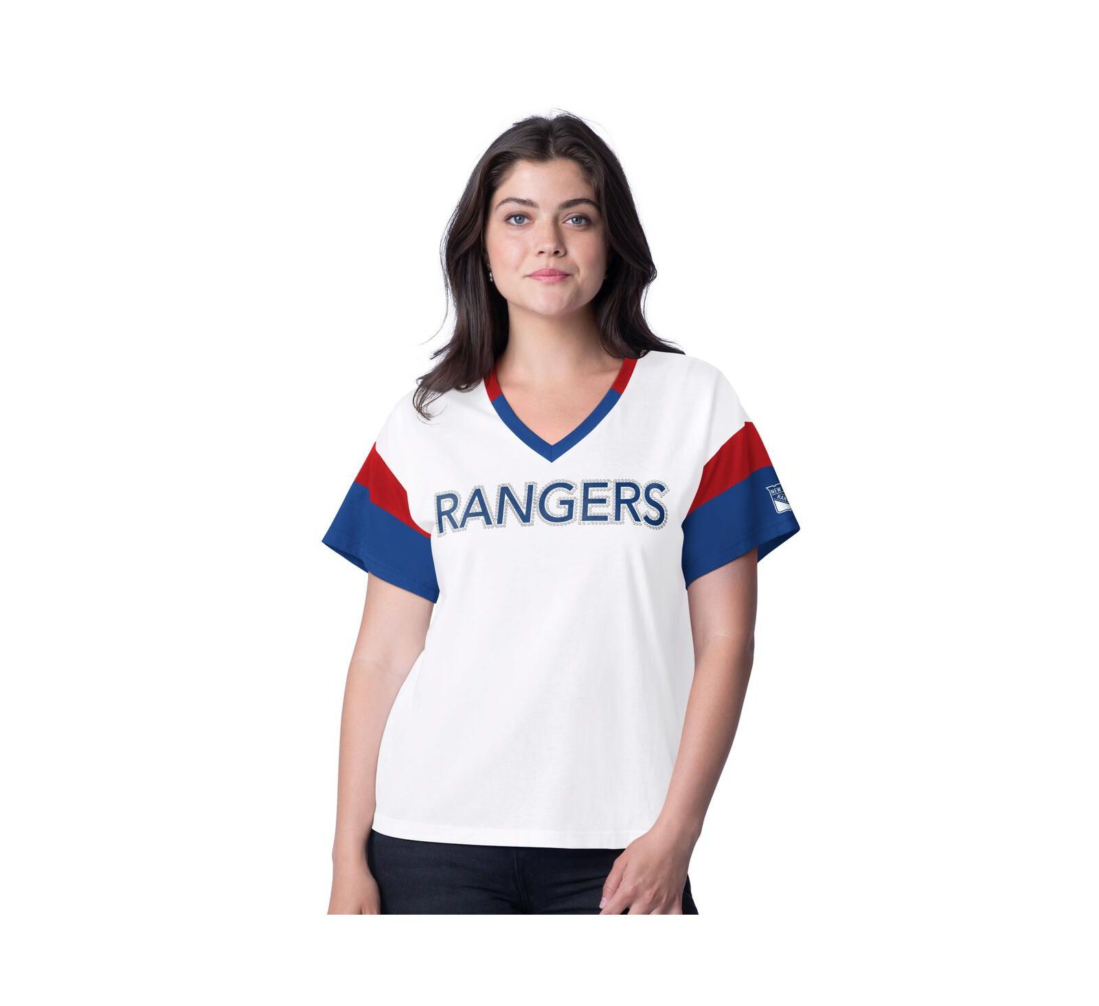 G-III 4Her by Carl Banks Women's White New York Rangers Rink Oversized Rhinestone V-Neck T-Shirt