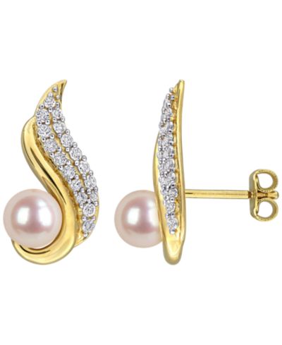 Macy's Cultured Freshwater Pearl (6-6.5mm) & White Topaz Earrings (3/4 ct. t.w.) in 18k Gold Flash Plated Sterling Silver