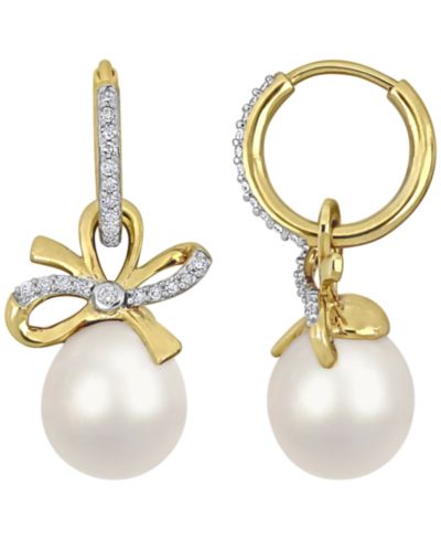 Macy's Cultured Freshwater Pearl (9-10mm) & White Sapphire Bow Drop Earrings (3/8 ct. t.w.) in 18k Gold Flash Plated Sterling Silver
