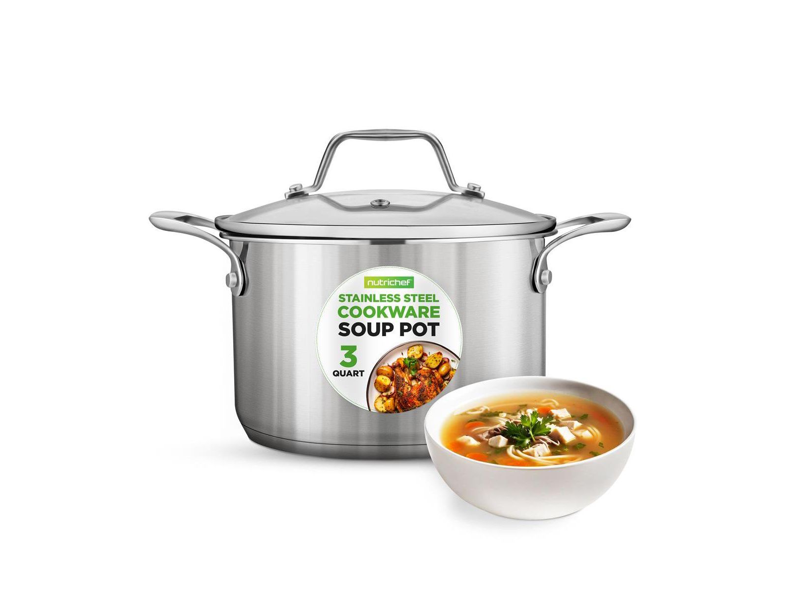 NutriChef 3 Quart Polished Stainless Steel Soup Pot with Glass Lid NCSP3