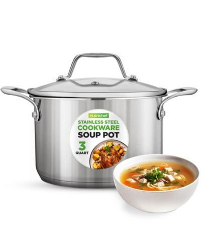 NutriChef 3 Quart Polished Stainless Steel Soup Pot with Glass Lid NCSP3