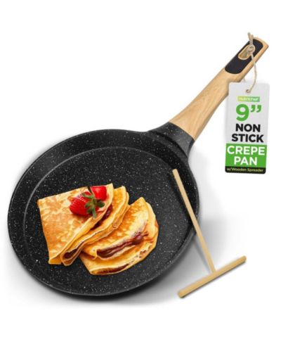 NutriChef Black Marble Nonstick 17.3 Inch Crepe Pan with Wooden Spreader