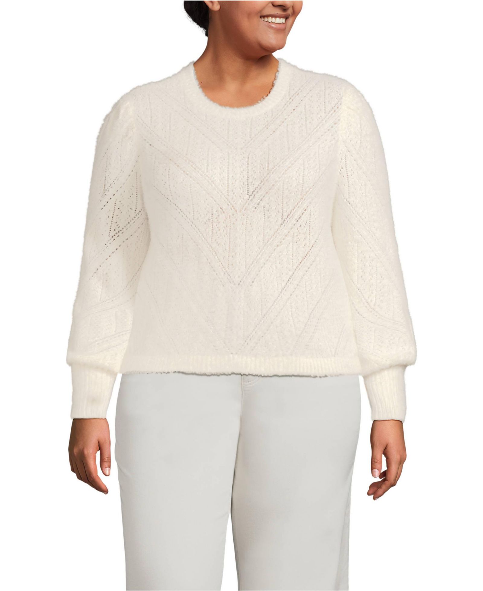 Lands' End Plus Size Eyelash Fuzzy Pointelle Puff Sleeve Sweater