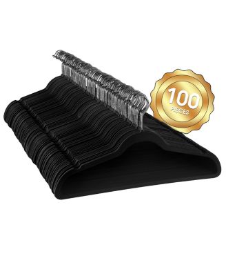 Elama 100 Piece Set of Velvet Slim Profile Heavy Duty Felt Hangers with Stainless Steel Swivel Hooks in Black