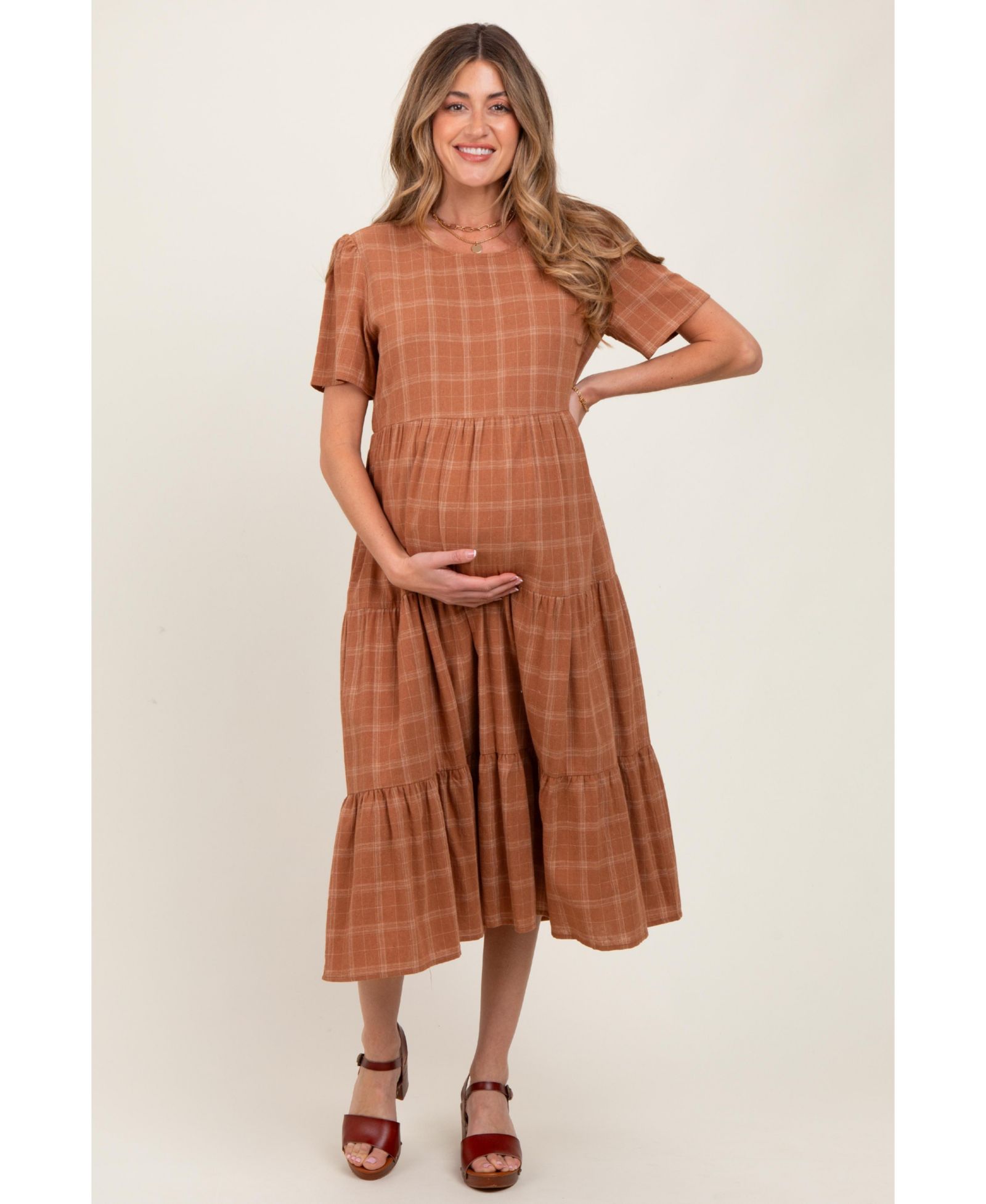 Женское клетчатое многослойное платье Pinkblush Rust Short Sleeve