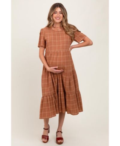 Pinkblush Women's Rust Plaid Tiered Short Sleeve Dress