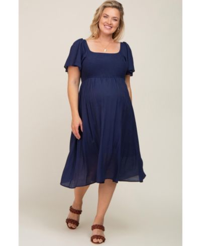 Pinkblush Women's Maternity Smocked Square Neck Flutter Short Sleeve Midi Dress
