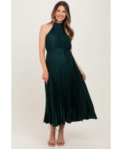 Pinkblush Women's Forest Green Pleated Halter Dress