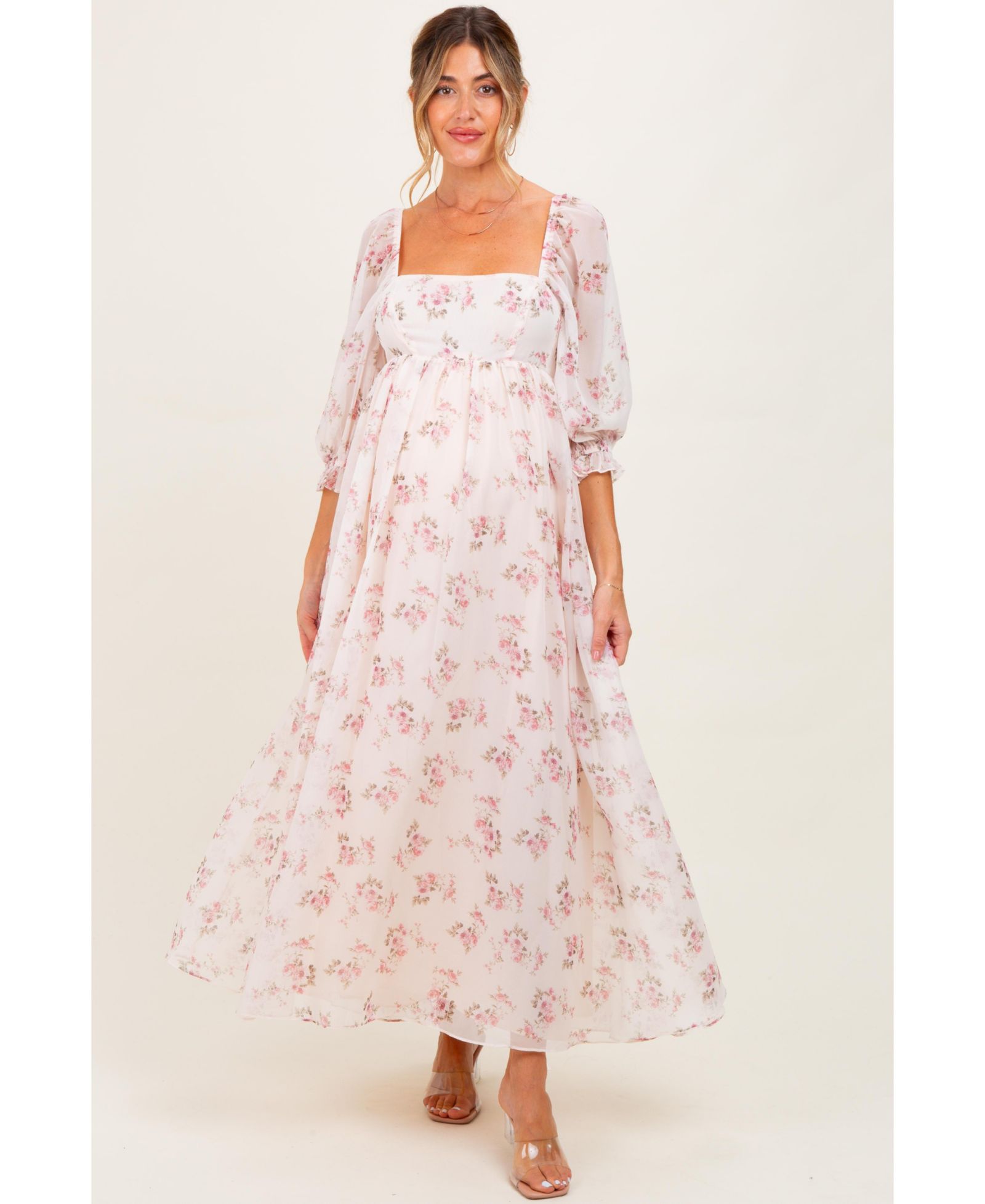 Pinkblush Women's Light Pink Floral Chiffon Long Sleeve Maxi Dress