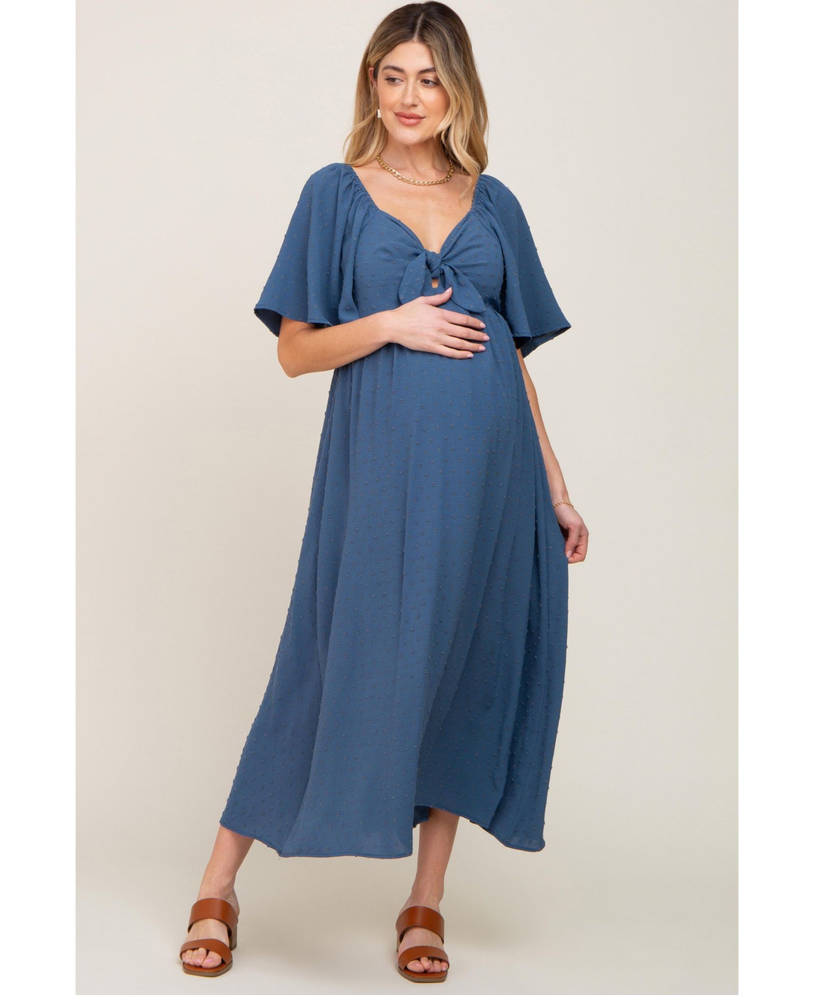 Pinkblush Women's Navy Blue Textured Dot Front Tie Ruffle Sleeve Midi Dress