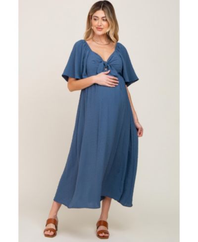 Pinkblush Women's Navy Blue Textured Dot Front Tie Ruffle Sleeve Midi Dress