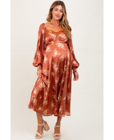 Pinkblush Women's Rust Satin Floral Bubble Sleeve Midi Dress