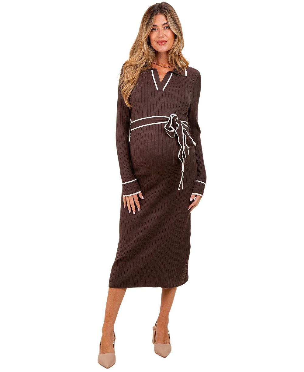 Pinkblush Women's Brown Soft Stretchy Rib Fitted Sweater Midi Dress