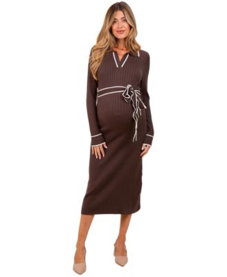 Pinkblush Women's Brown Soft Stretchy Rib Fitted Sweater Midi Dress