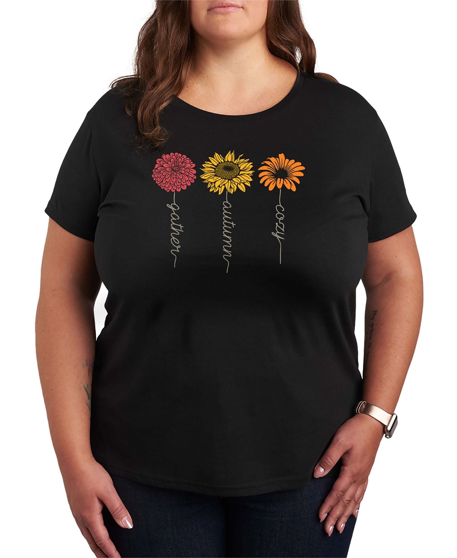 Hybrid Apparel Plus Size Gather Autumn Flowers Women's Short Sleeve Graphic T-shirts