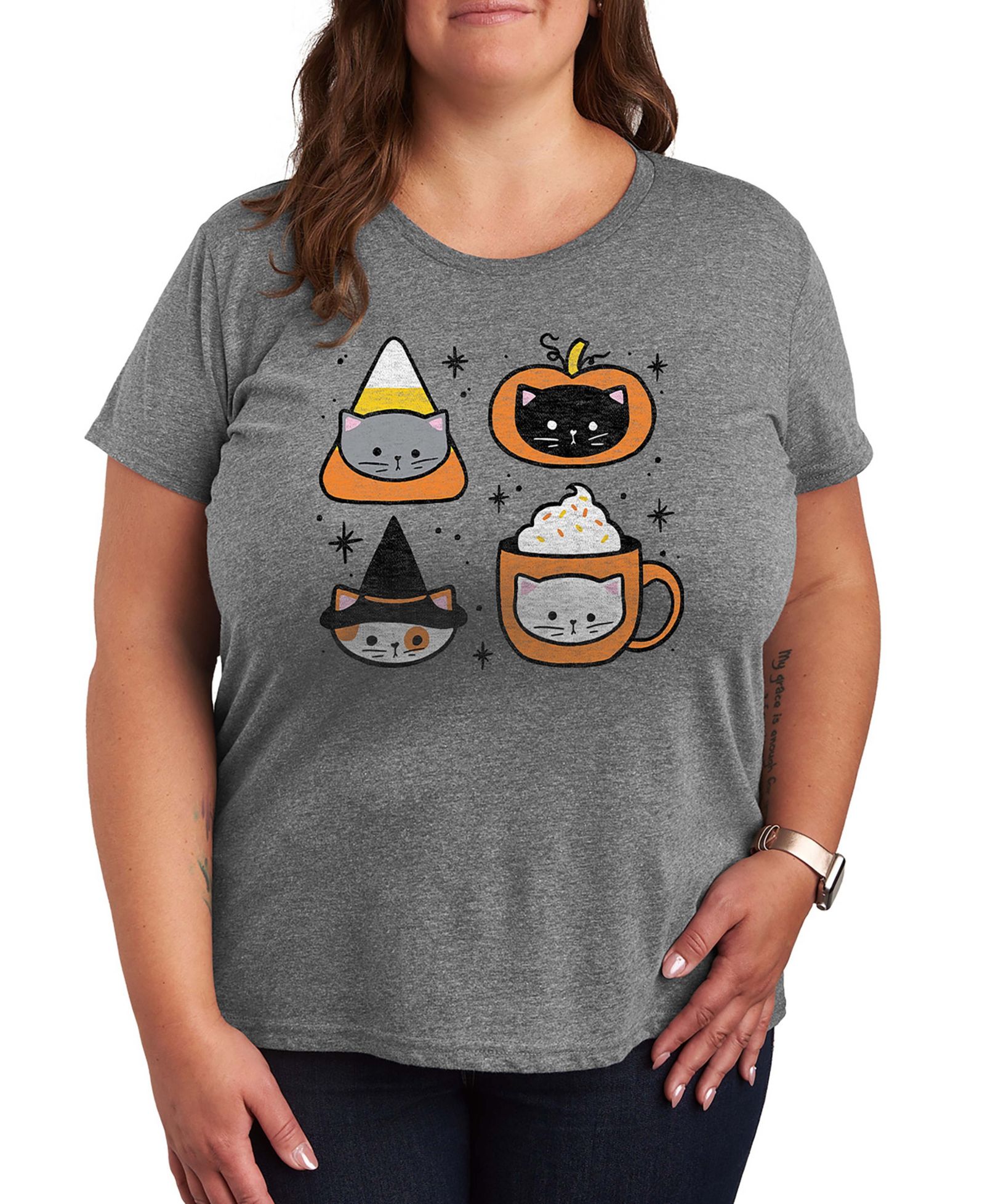 Женские графические футболки Plus Size Hybrid Apparel с принтом Halloween Cats и коротким рукавом