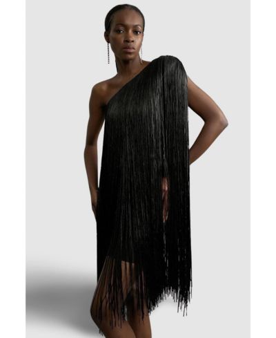 Karen Millen Women's Asymmetric Draped Fringe Mini Dress