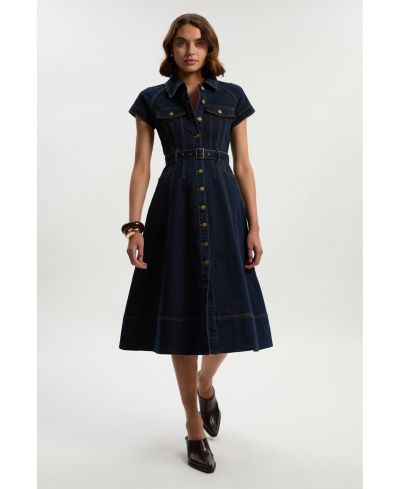 Karen Millen Women's Button Up Belted Denim Midi Dress
