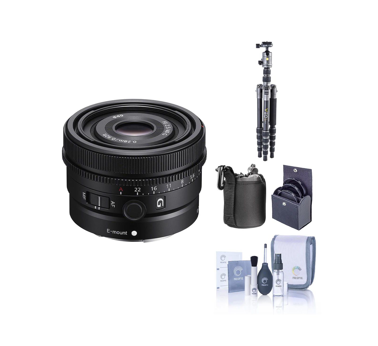 Sony FE 40mm f/2.5 G объектив для Sony E, комплект с алюминиевым дорожным штативом VEO 3 GO 235AB 23mm 5-Section, набором фильтров и набором для чистки