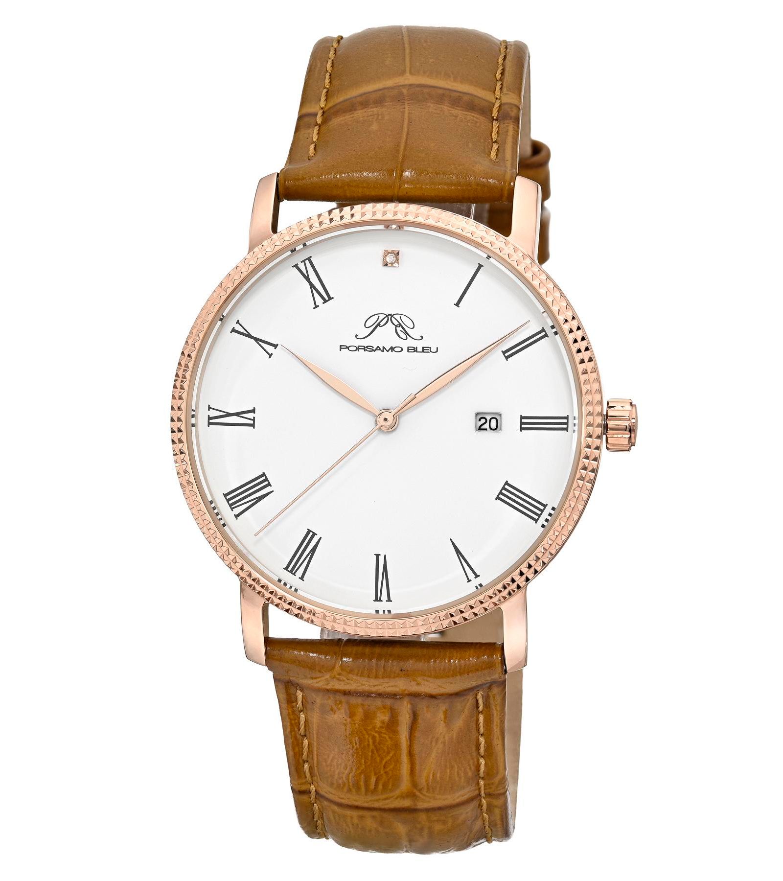 Porsamo Bleu Men's Veritas 1 Diamond Brown Genuine Leather Band Watch 40 mm