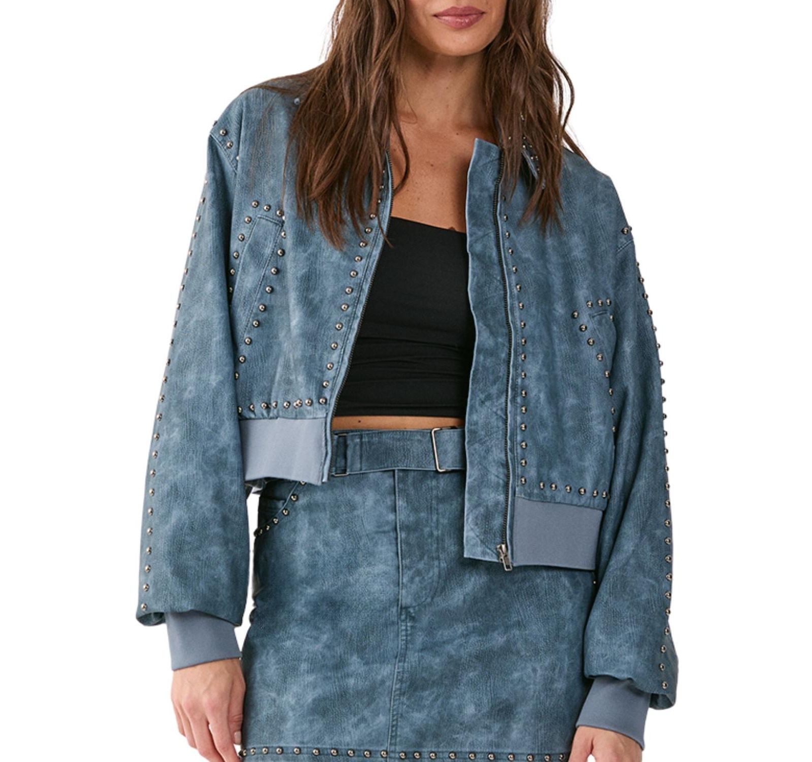 Nasty Gal Women's Leather Studded Bomber Jacket