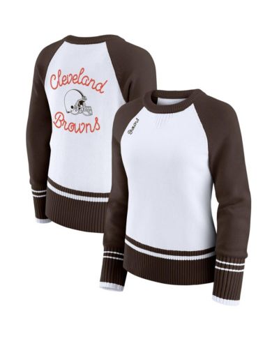 WEAR by Erin Andrews Women's White/Brown Cleveland Browns Color Block Raglan Sweater