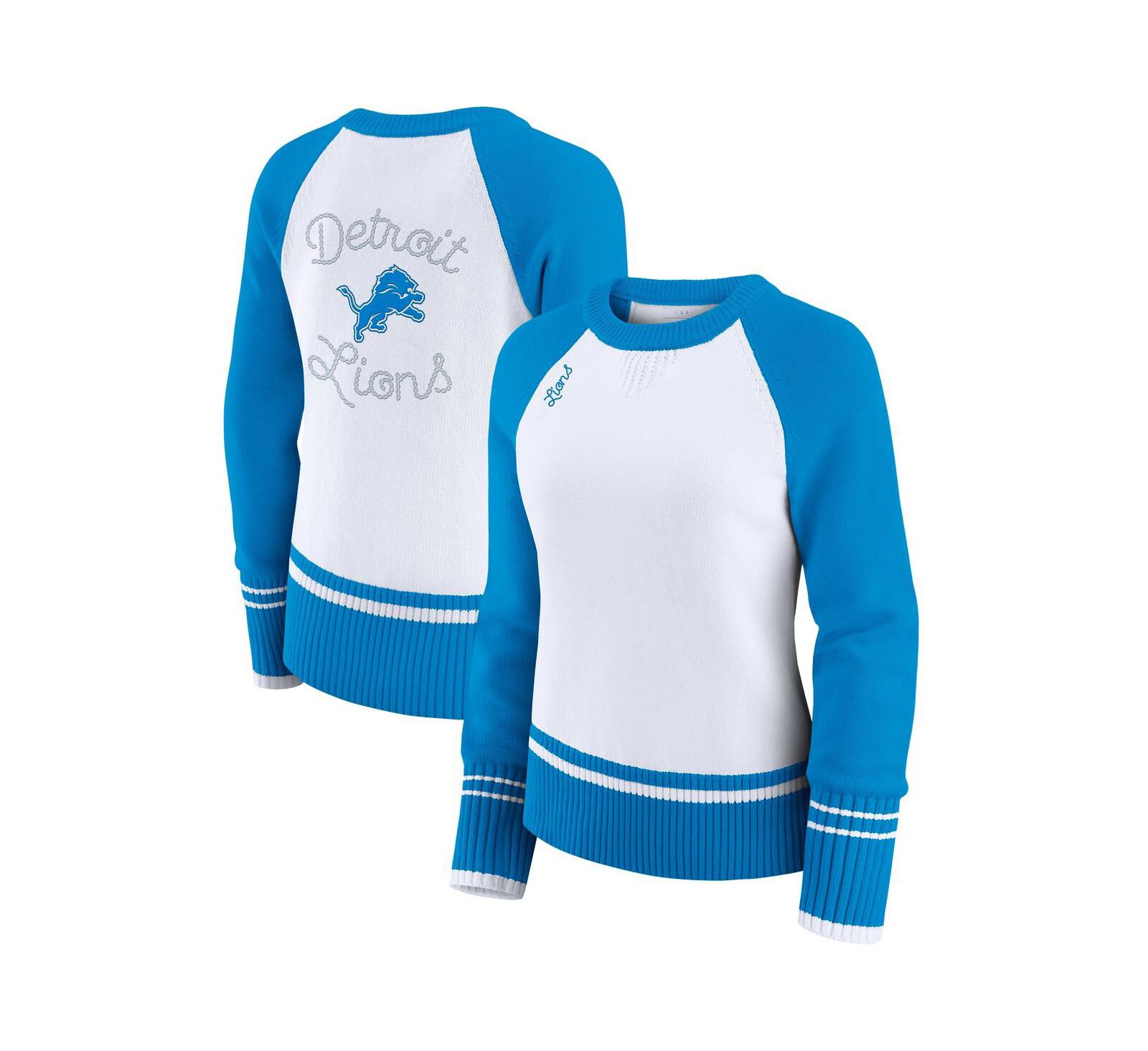 Женский свитер WEAR by Erin Andrews White/Blue Detroit Lions Color Block Raglan