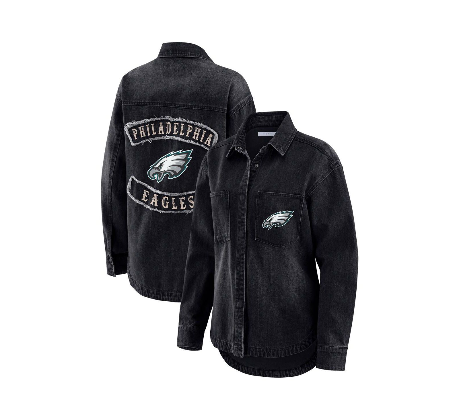 WEAR by Erin Andrews Женская джинсовая куртка-шакет Philadelphia Eagles Black Washed Oversized Full-Snap
