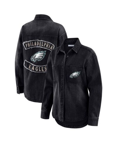 WEAR by Erin Andrews Women's Black Philadelphia Eagles Washed Oversized Denim Full-Snap Shacket
