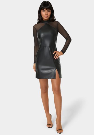 Bebe Womens Faux Leather and Mesh Mock Neck Mini Dress