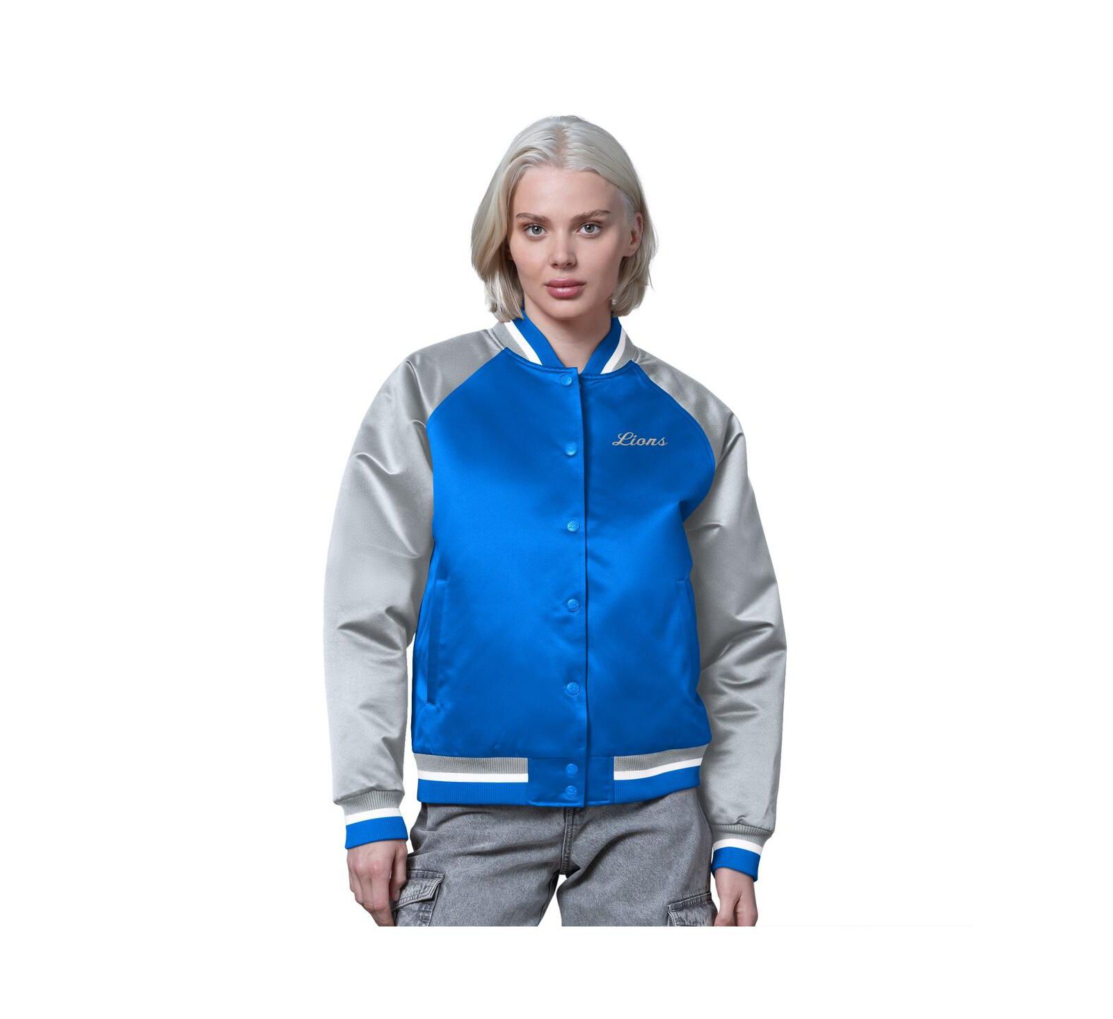 Женская винтажная куртка-бомбер Starter Blue/Silver Detroit Lions Satin Full-Snap