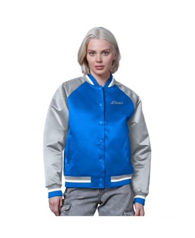 Женская винтажная куртка-бомбер Starter Blue/Silver Detroit Lions Satin Full-Snap