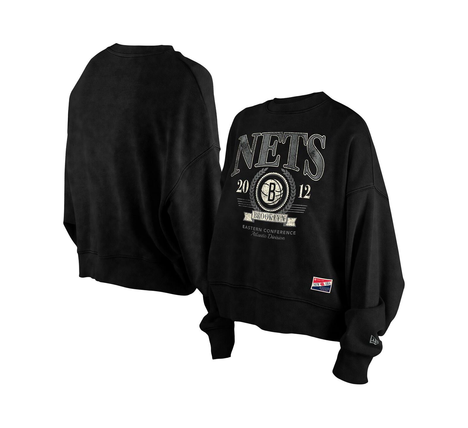New Era Women's Black Brooklyn Nets Throwback Enzyme Wash Oversized Boxy Pullover Sweatshirt