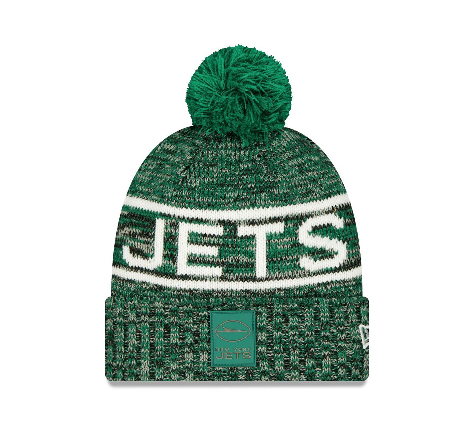 Мужская вязаная шапка New Era Green New York Jets 2025 Sideline Cold Weather Cuffed Pom with Knit
