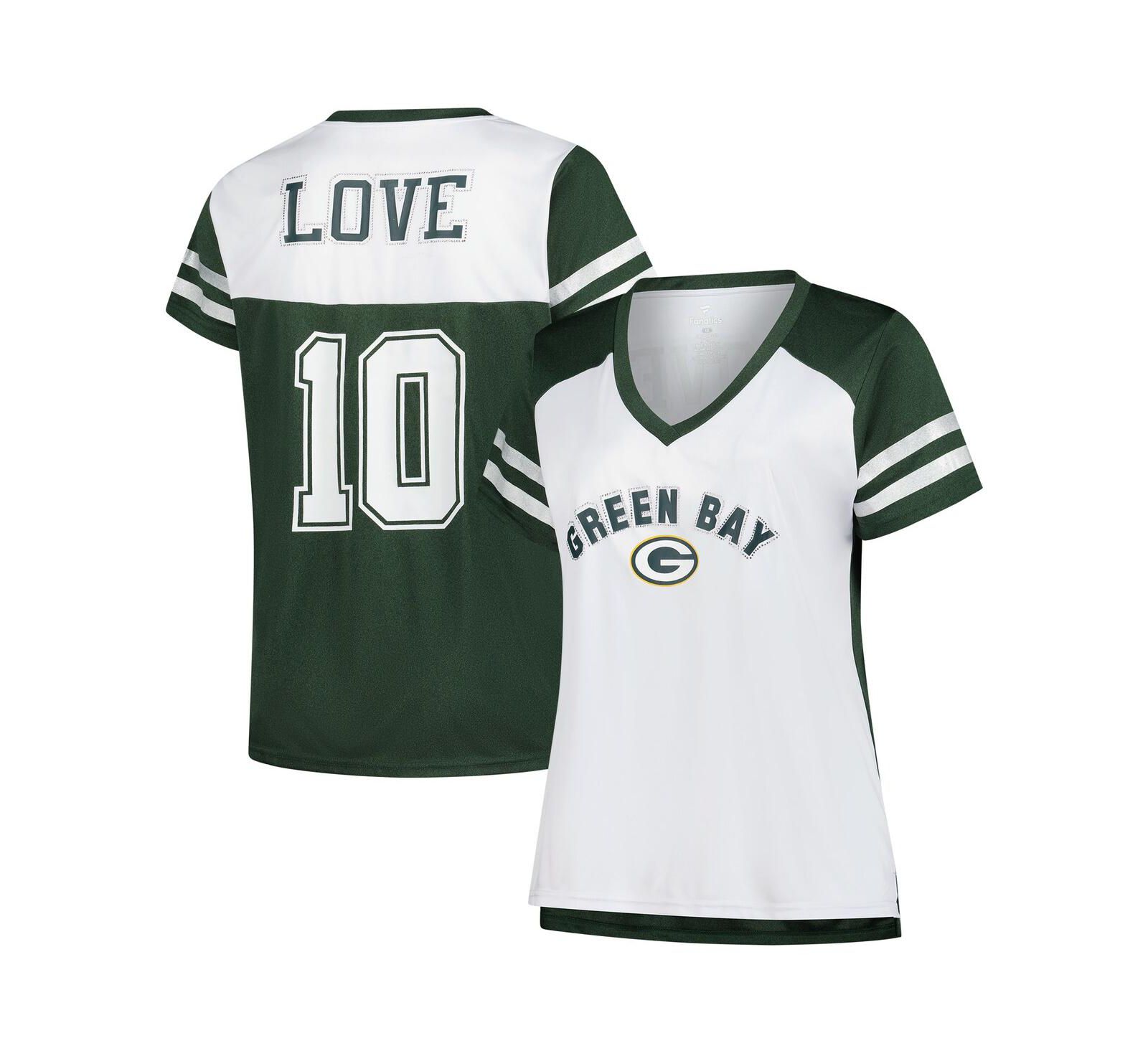 Женская футболка Fanatics Love White Green Bay Packers Plus Size Bling Raglan V-Neck