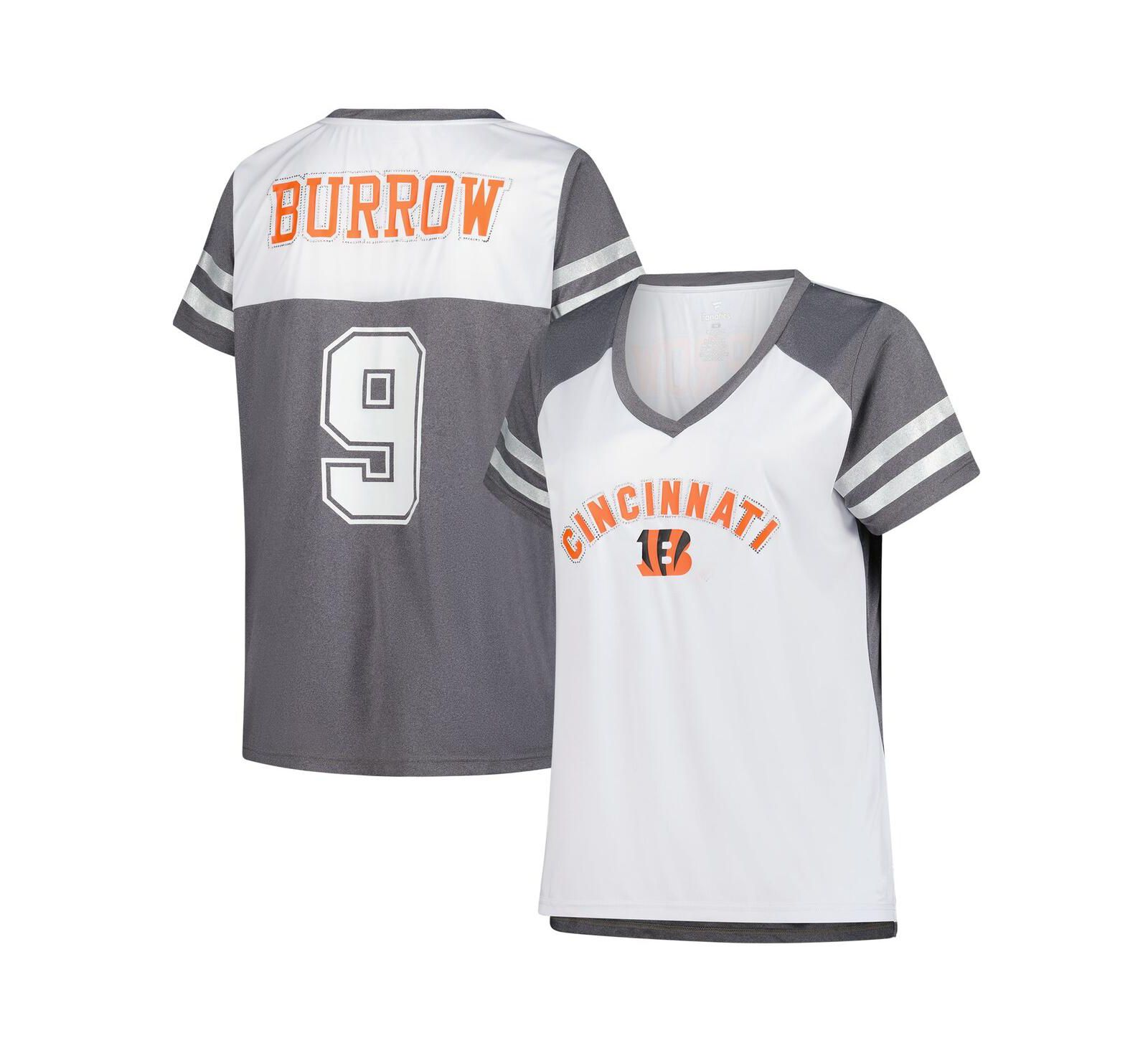 Женская футболка Fanatics Joe Burrow Cincinnati Bengals Plus Size Bling Raglan V-Neck белая