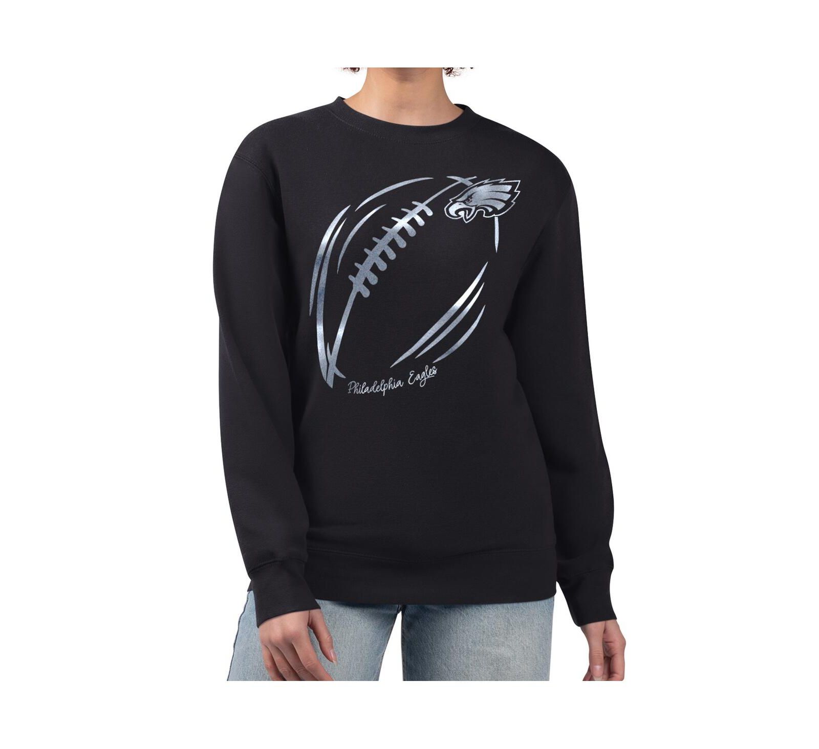 G-III 4Her by Carl Banks Women's Black Philadelphia Eagles Metallic Print Football Sketch Fleece Crewneck Sweatshirt