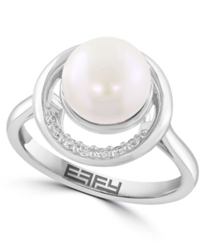 Кольцо EFFY Collection из пресноводного жемчуга (9mm) и белого бриллианта (1/10 ct. t.w.) в стерлинговом серебре