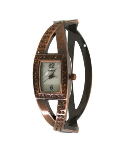 Bronze Rhinestones And Pearl Tone Bangle Watch