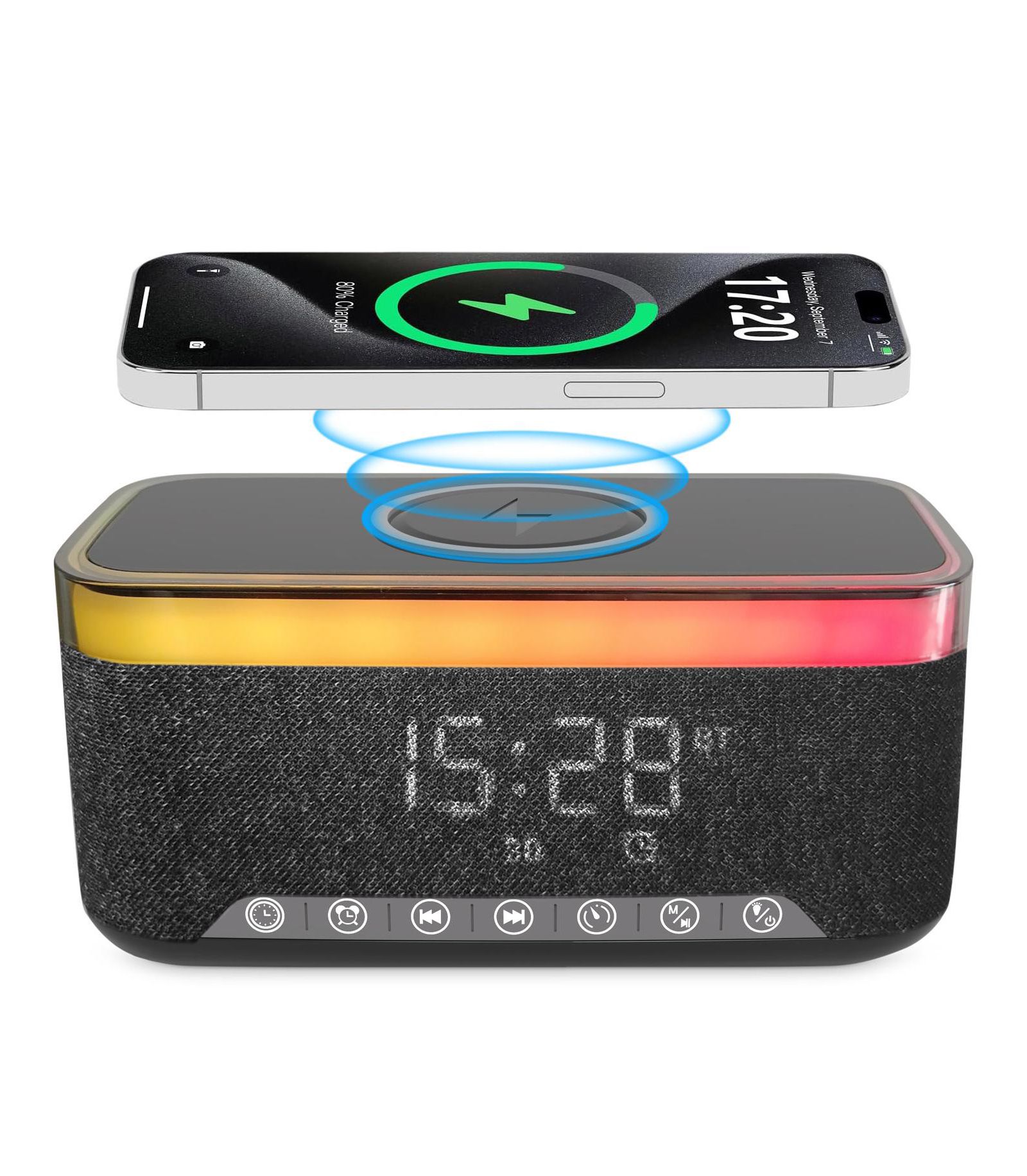 Alpha Digital Bluetooth стереодинамик-будильник с беспроводной зарядкой и RGB подсветкой