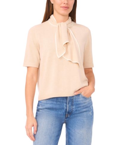 CeCe Women's Tipped Tie-Neck Pull-On Sweater