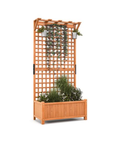 Gymax Wooden Planter Raised Garden Bed w/ Planter Box and Trellis Indoor and Outdoor