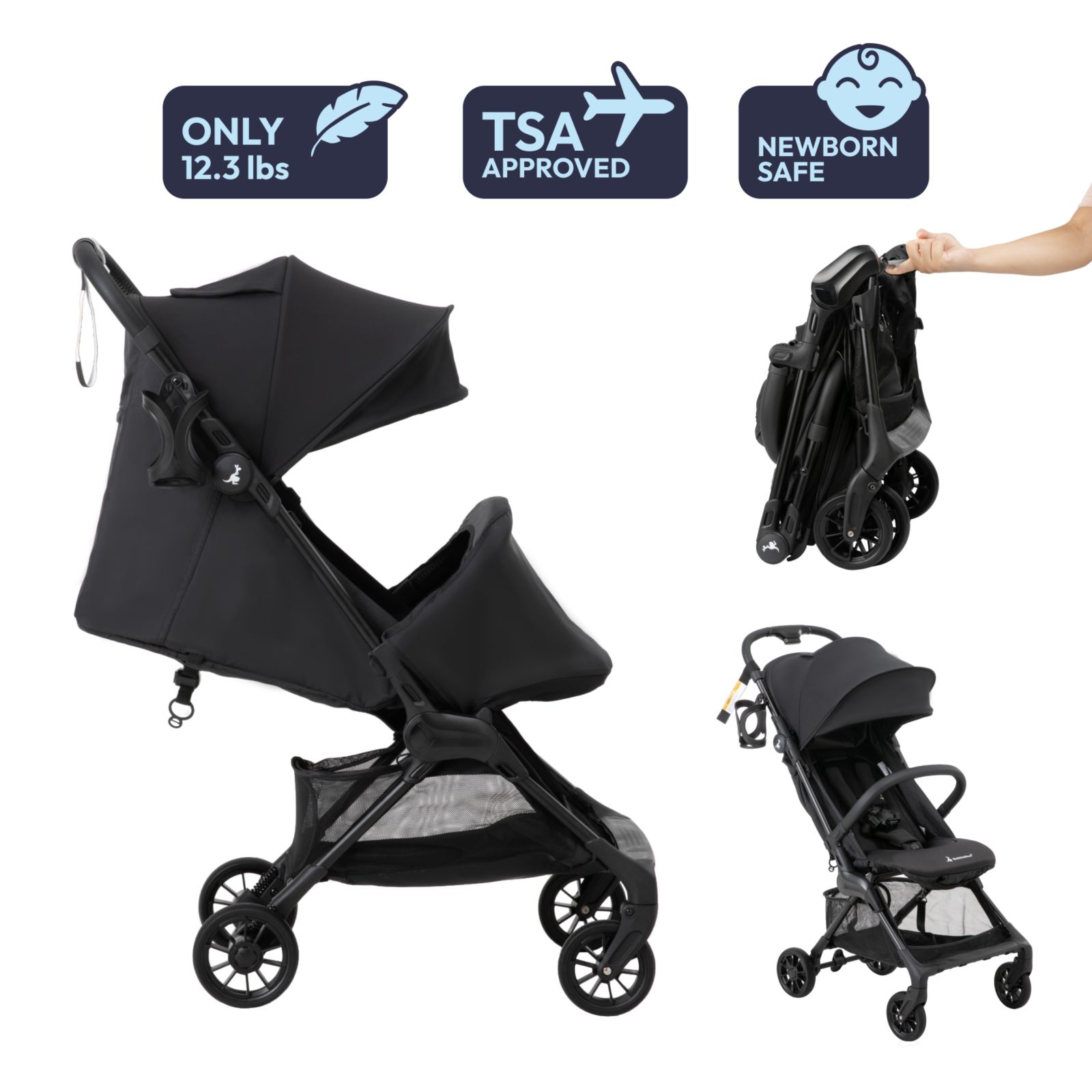 BabbleRoo HopLite Ultralight Compact Lightweight Baby Stroller For Airplane - Travel Stroller for Newborn from Birth to 55 lbs, Jet Black