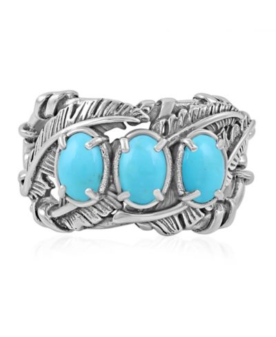 American West Jewelry Sterling Silver Kingman Turquoise Three Stone Feather Ring, Size