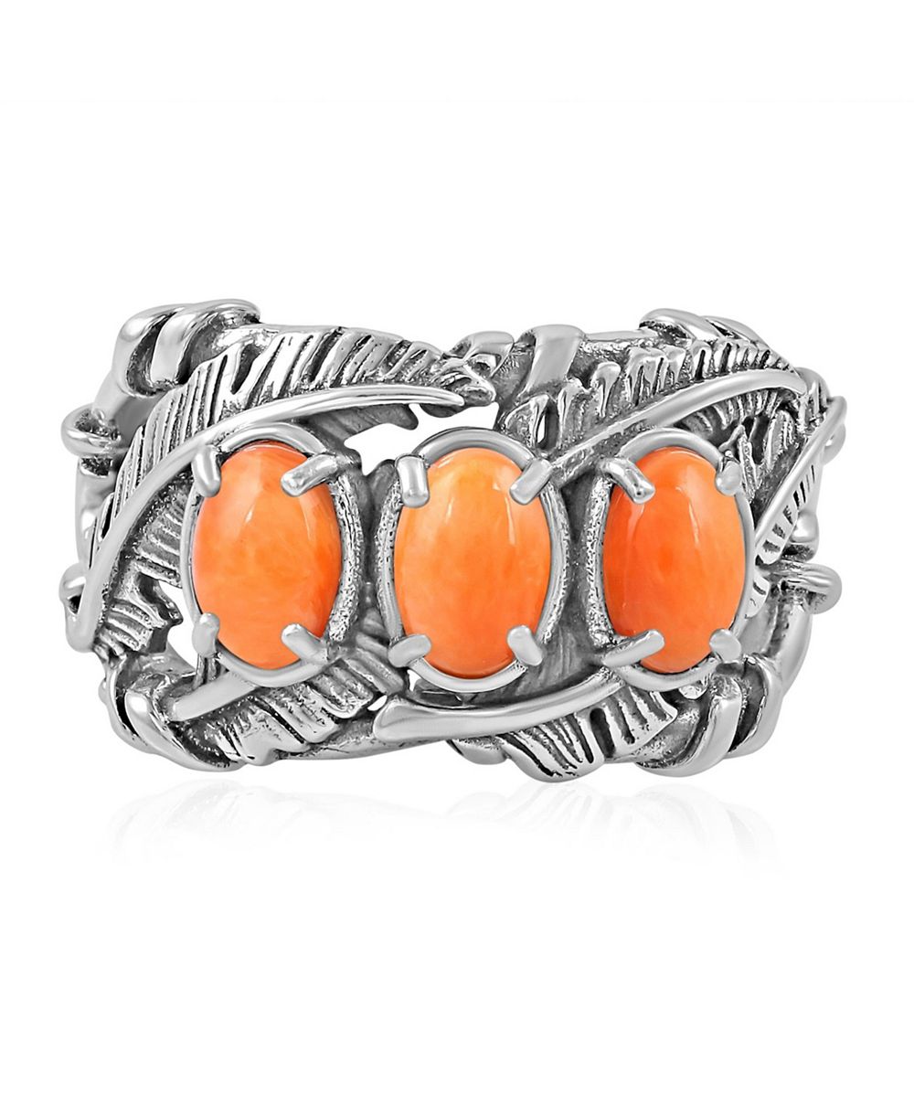 American West Jewelry Sterling Silver Orange Spiny Oyster Three Stone Feather Ring, Size