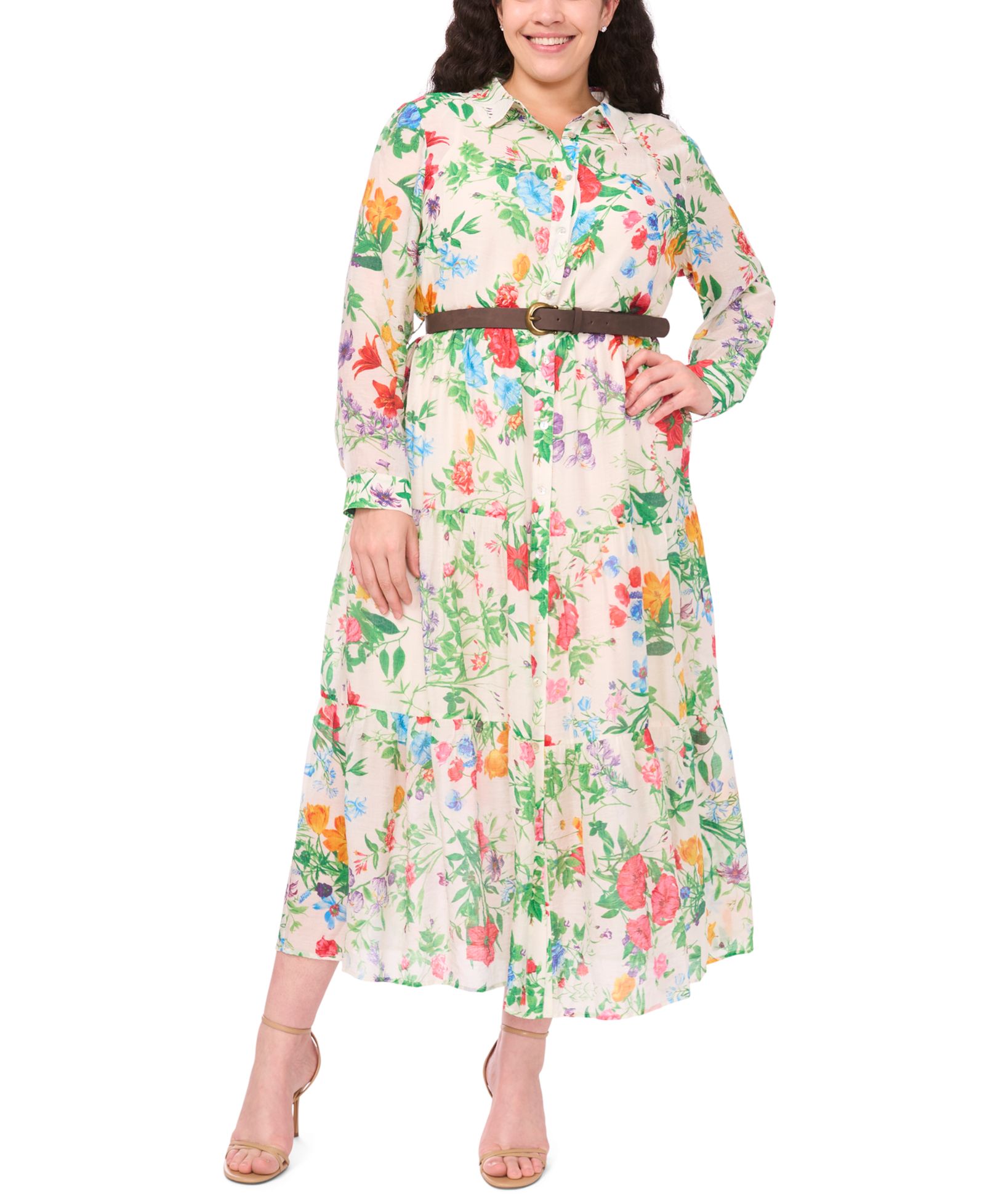 MSK Plus Size Long-Sleeve Floral Print Belted Maxi Shirt Dress