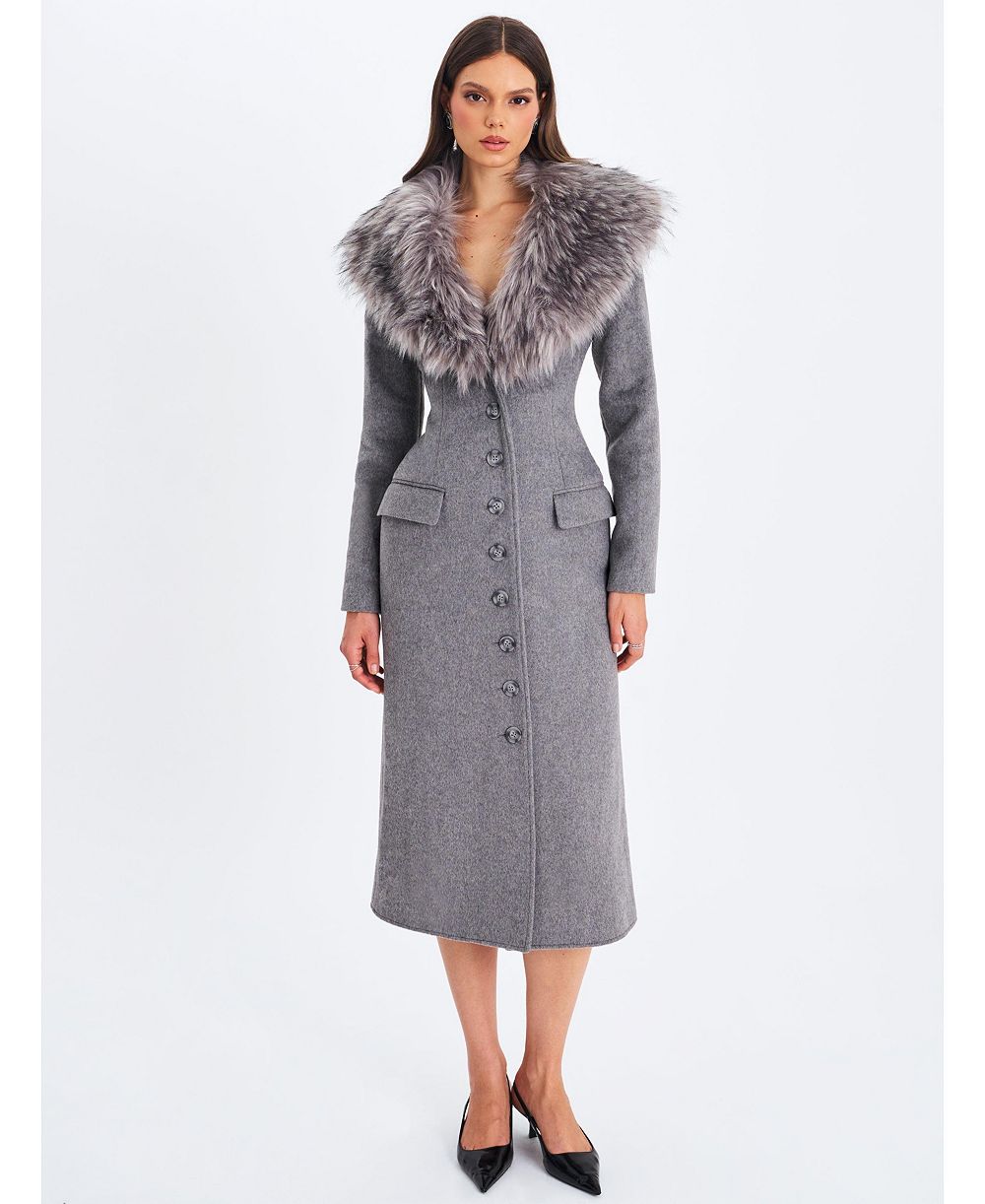 Miss Circle Women's Faye Grey Wool Blend Single-Breasted Coat with Removable Faux Fur Collar