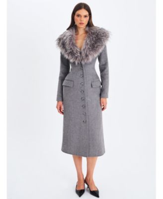 Miss Circle Women's Faye Grey Wool Blend Single-Breasted Coat with Removable Faux Fur Collar