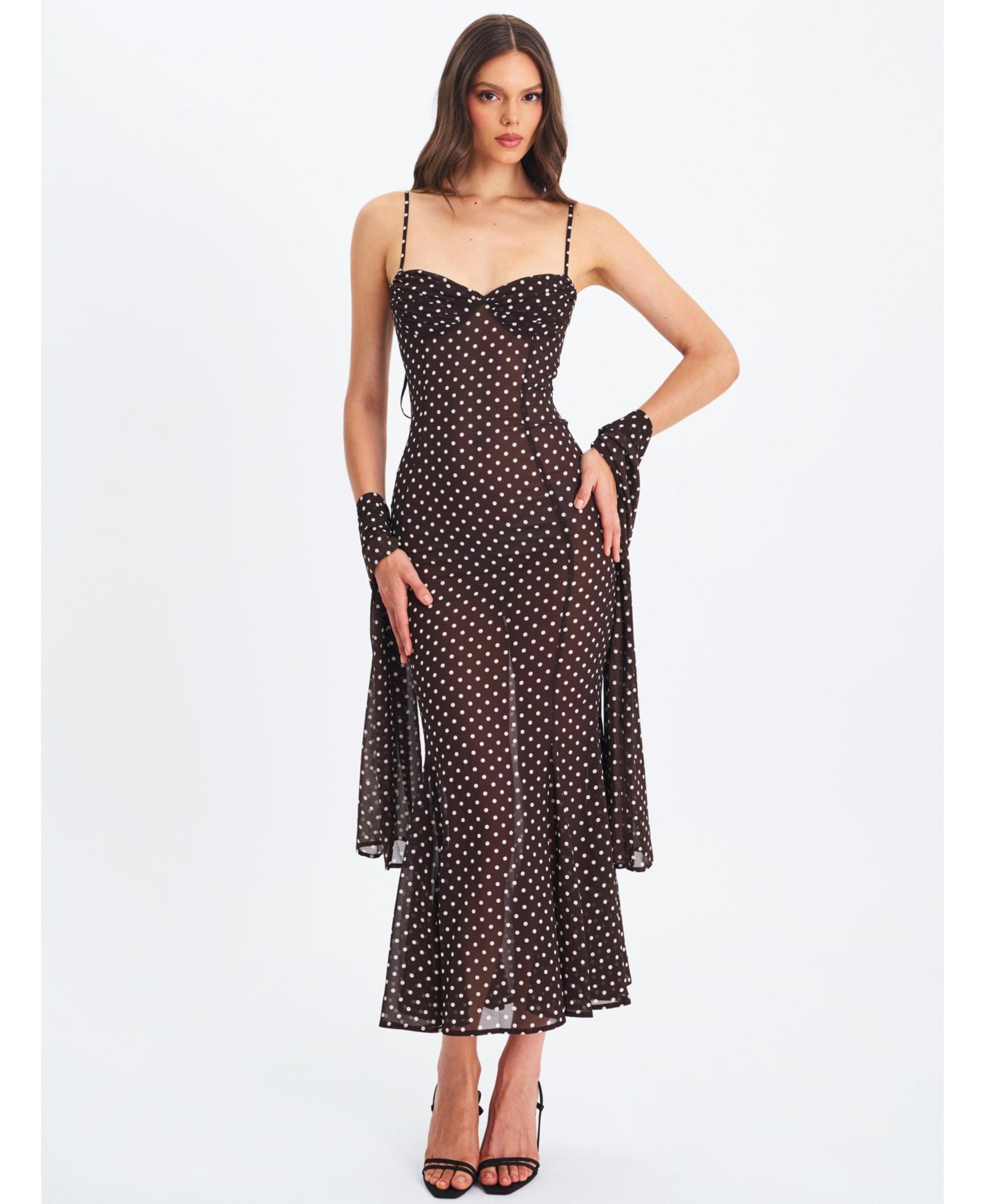 Miss Circle Women's Yadira Brown Base Polka Dot Chiffon Maxi Dress