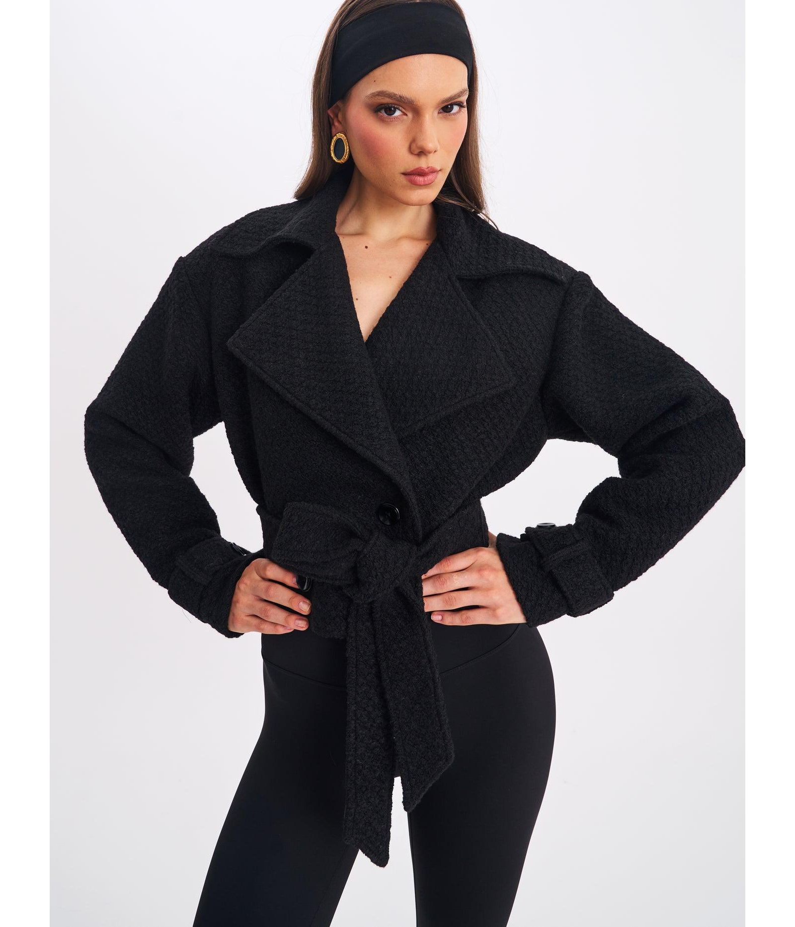 Miss Circle Women's Dara Black Wool Blend Cropped Double-Breasted Belted Coat